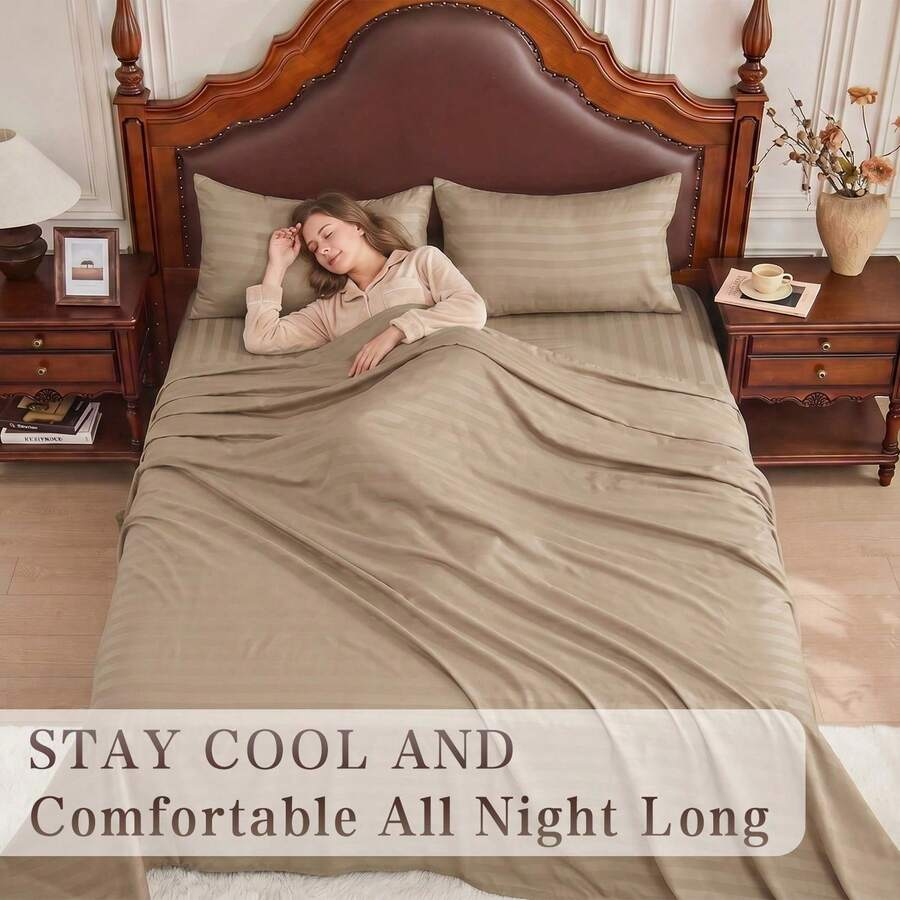 Fitted Bed Sheets Deep Pocket - Set Sprei Pendingin Bergaris Ukuran King