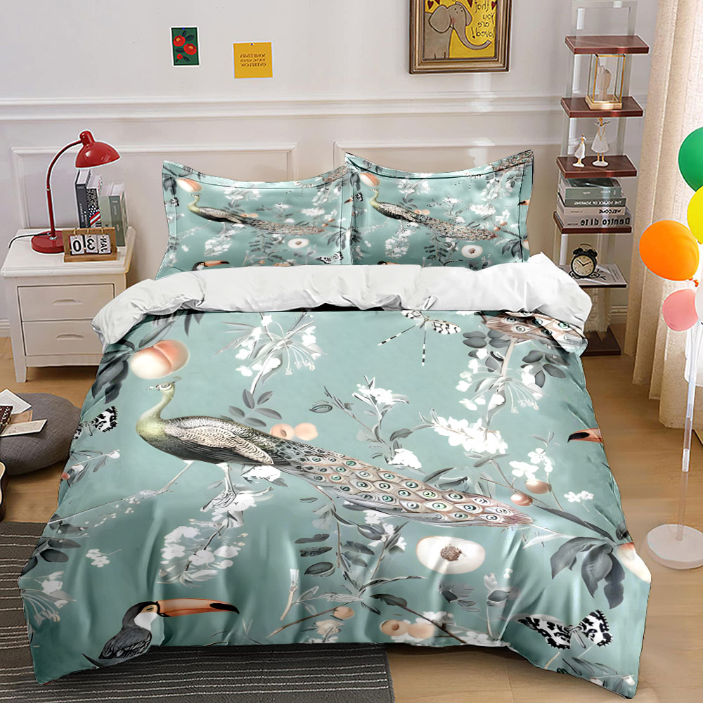 Aesthetic Floral Duvet Cover - Set Sprei Motif Bunga Peacock Toucan