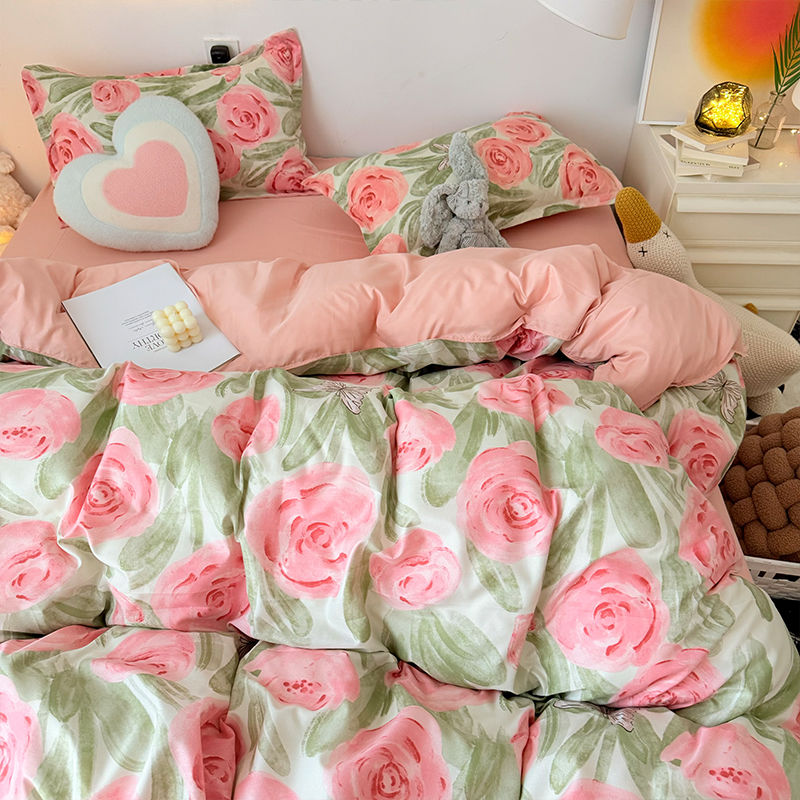 Duvet Cover Sets With Zipper - Set Penutup Selimut Mawar Merah Muda
