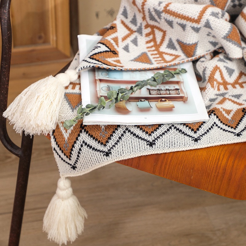 Boho Throw Blanket Fringe - Selimut Rajut Boho Southwestern Berumbai Motif